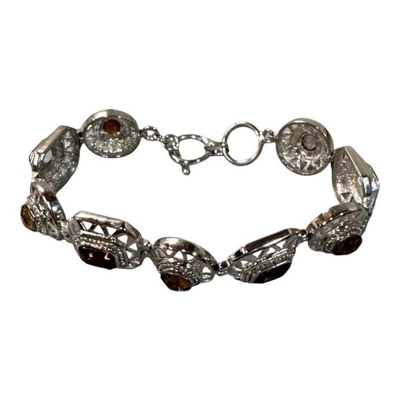 Vintage Silver & Citrine Stone Link Bracelet With Toggle Clasp 7" - 8" Art Deco - Picture 4 of 6